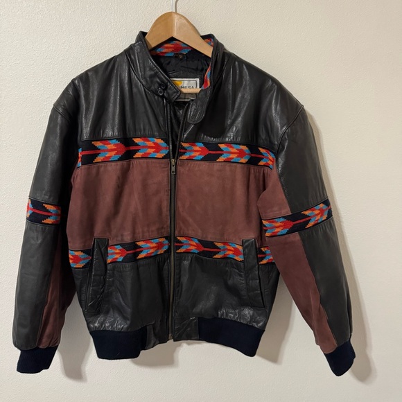 Vintage 90s Mesa Ridge Embroidered Leather Bomber Jacket Black Southwestern-S